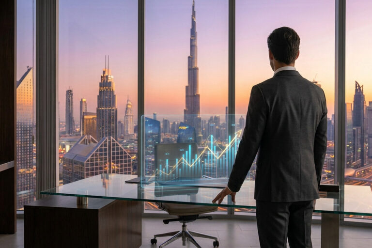 Un homme d'affaires observant un graphique de croissance numérique devant la skyline de Dubaï au coucher du soleil.