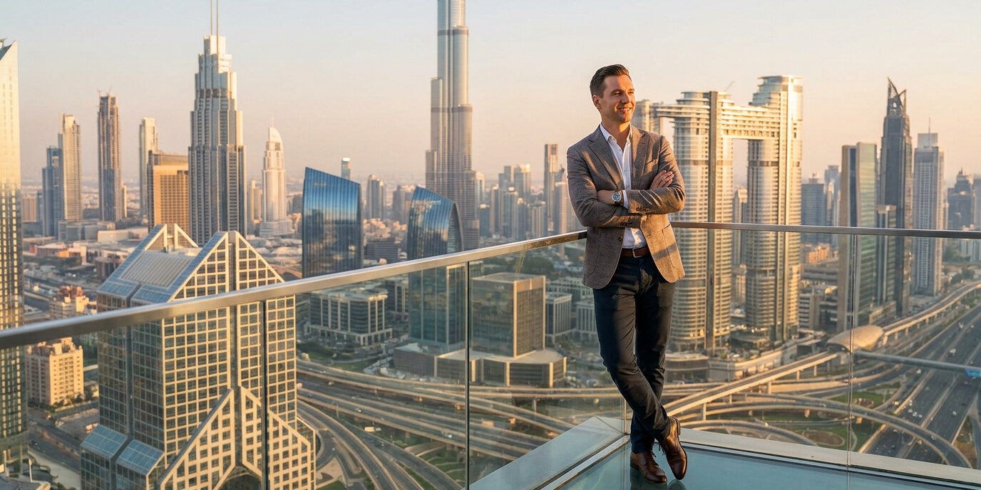 Devenir freelance à Dubaï : votre liberté professionnelle Un homme en costume pose sur un balcon surplombant les gratte-ciels de Dubaï au coucher du soleil.
