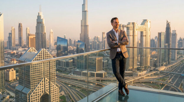 Un homme en costume pose sur un balcon surplombant les gratte-ciels de Dubaï au coucher du soleil.