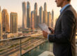 Un homme d'affaires en costume regarde des graphiques boursiers sur une tablette avec Dubaï en arrière-plan au coucher.
