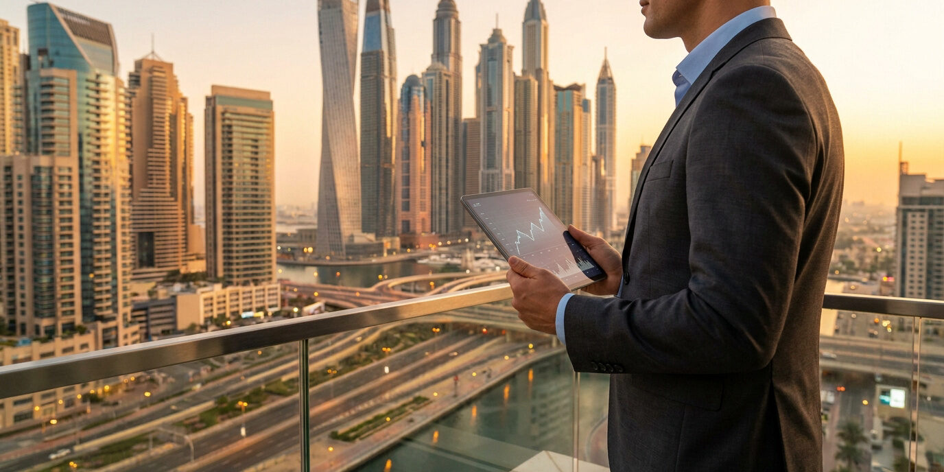 Transférer son patrimoine aux Émirats Un homme d'affaires en costume regarde des graphiques boursiers sur une tablette avec Dubaï en arrière-plan au coucher.