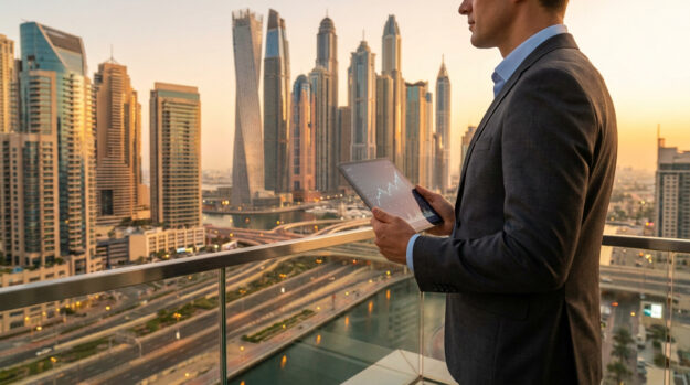 Un homme d'affaires en costume regarde des graphiques boursiers sur une tablette avec Dubaï en arrière-plan au coucher.