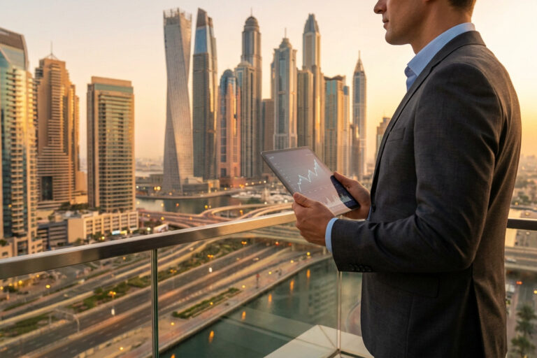 Un homme d'affaires en costume regarde des graphiques boursiers sur une tablette avec Dubaï en arrière-plan au coucher.