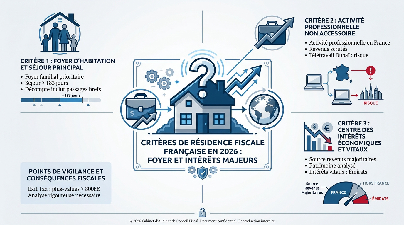 Infographie détaillant les critères de résidence fiscale en France pour 2026
