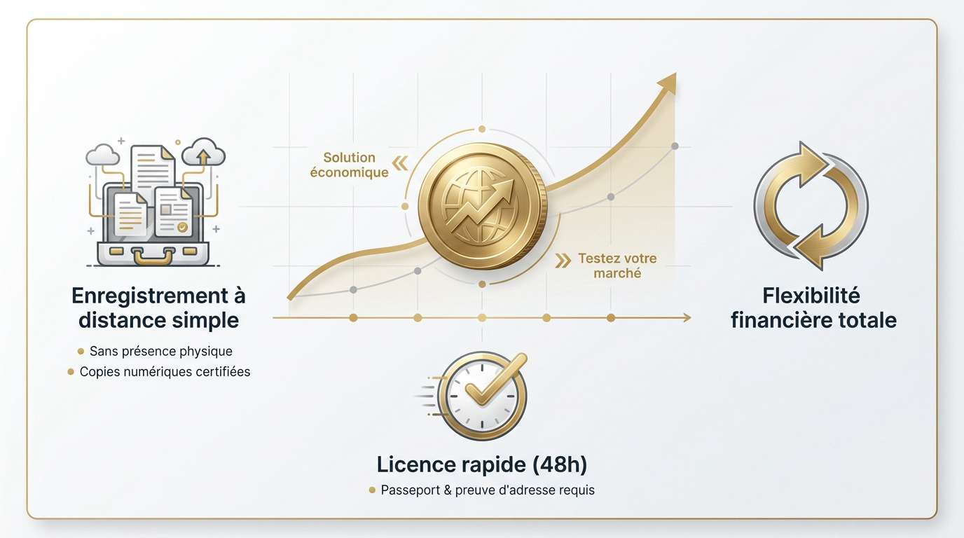 Infographie détaillant la rapidité et la flexibilité de l'enregistrement de licence e-commerce à Shams