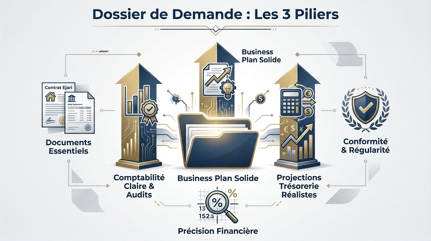 Infographie détaillant les trois piliers pour obtenir un financement bancaire pour votre PME à Dubaï