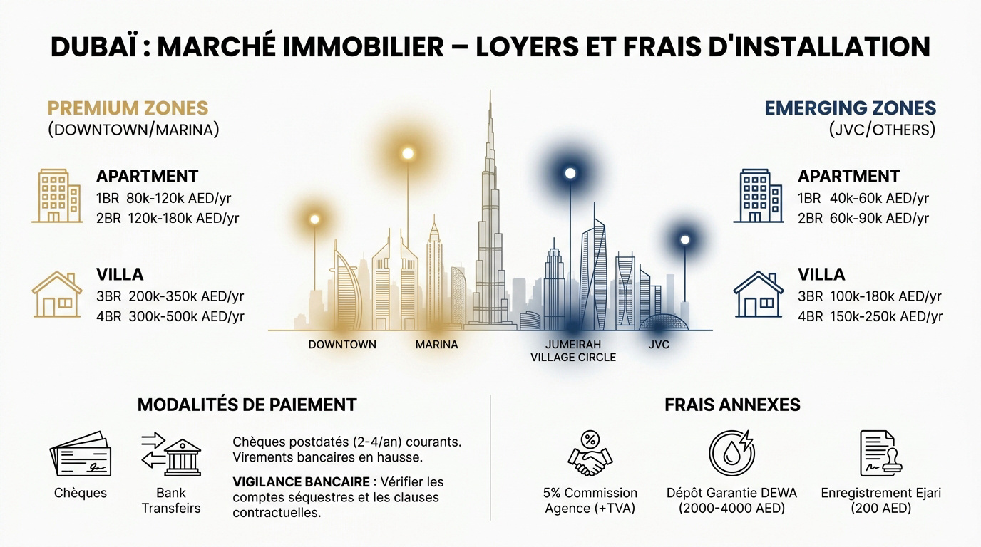 Vue aérienne des quartiers résidentiels modernes à Dubaï avec gratte-ciel et villas
