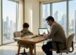 Un père et son fils assis à une table devant un tableau Excel, avec les gratte-ciels de Dubaï en arrière-plan.