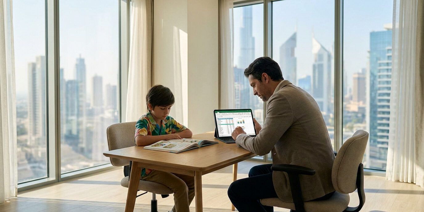 Scolarité à Dubaï : planification familiale Un père et son fils assis à une table devant un tableau Excel, avec les gratte-ciels de Dubaï en arrière-plan.