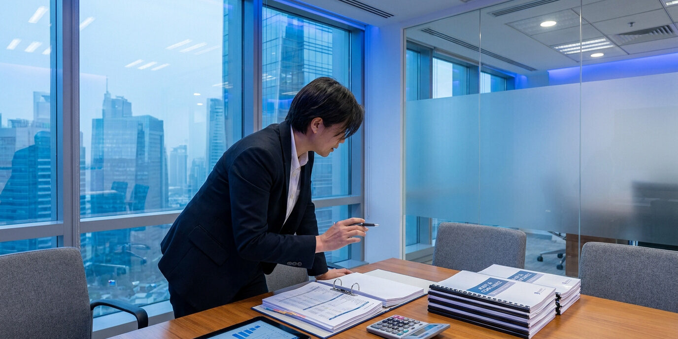 Obligations d’audit pour les entreprises aux Émirats Une professionnelle en costume examinant des documents financiers dans un bureau moderne avec vue sur Dubaï.