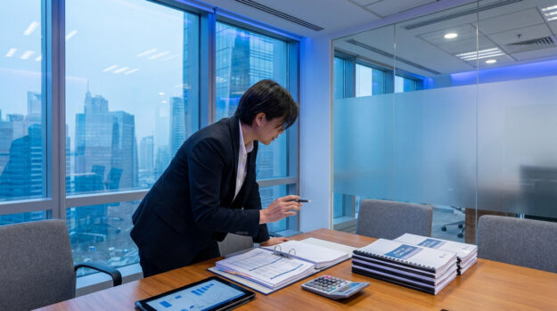 Une professionnelle en costume examinant des documents financiers dans un bureau moderne avec vue sur Dubaï.