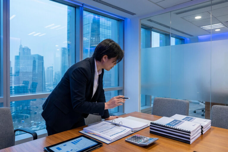 Une professionnelle en costume examinant des documents financiers dans un bureau moderne avec vue sur Dubaï.