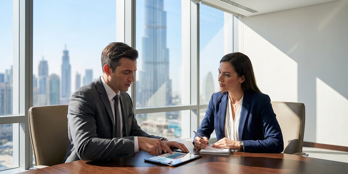 Choisir son cabinet de conseil pour créer sa société Homme et femme d'affaires en réunion devant une tablette avec vue sur les gratte-ciels de Dubaï.