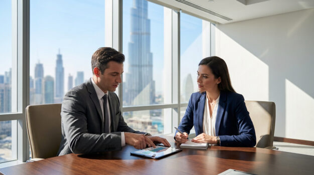 Homme et femme d'affaires en réunion devant une tablette avec vue sur les gratte-ciels de Dubaï.