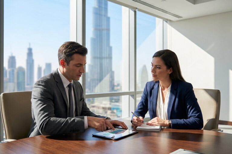 Homme et femme d'affaires en réunion devant une tablette avec vue sur les gratte-ciels de Dubaï.