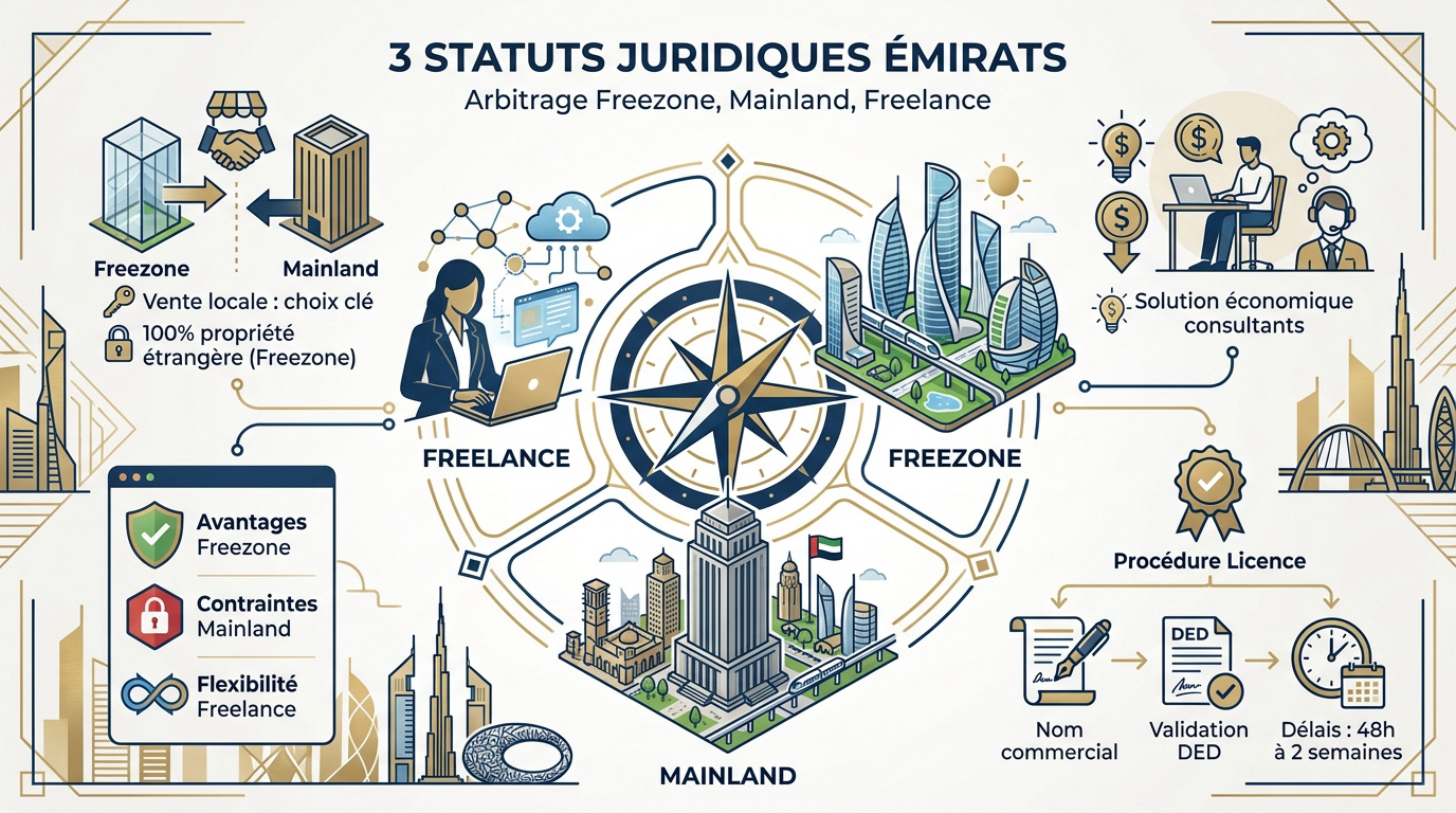 Comparaison des statuts juridiques Freezone, Mainland et Freelance aux Émirats