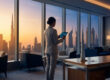 Une femme d'affaires dans un bureau à Dubaï avec vue sur le Burj Khalifa, tenant une tablette numérique.