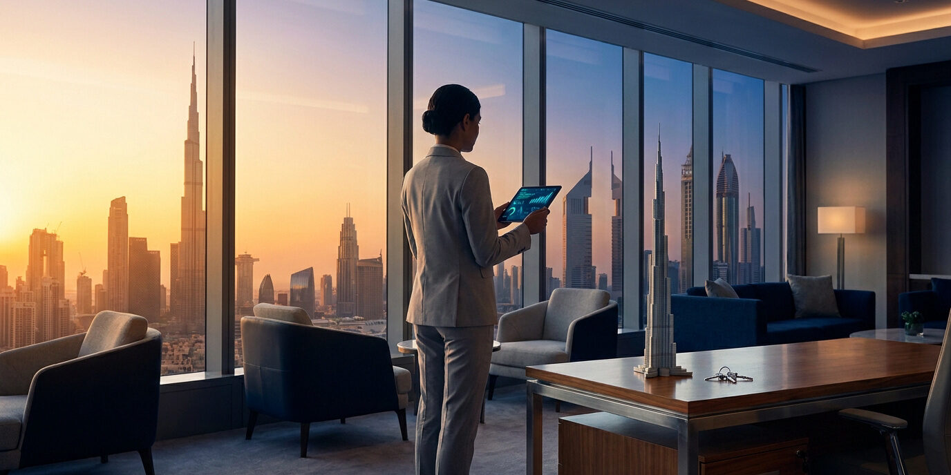 Agence immobilière à Dubaï : Vue panoramique et succès Une femme d'affaires dans un bureau à Dubaï avec vue sur le Burj Khalifa, tenant une tablette numérique.