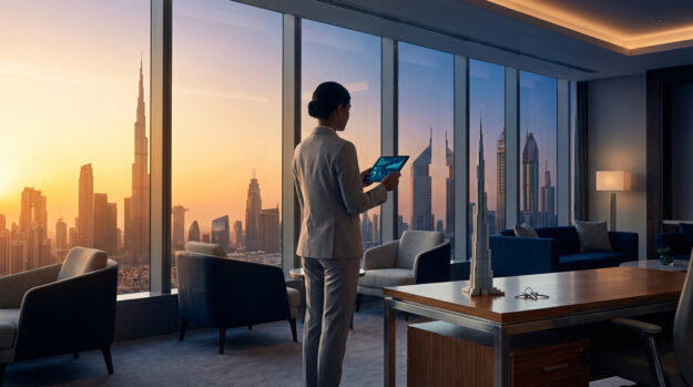Une femme d'affaires dans un bureau à Dubaï avec vue sur le Burj Khalifa, tenant une tablette numérique.