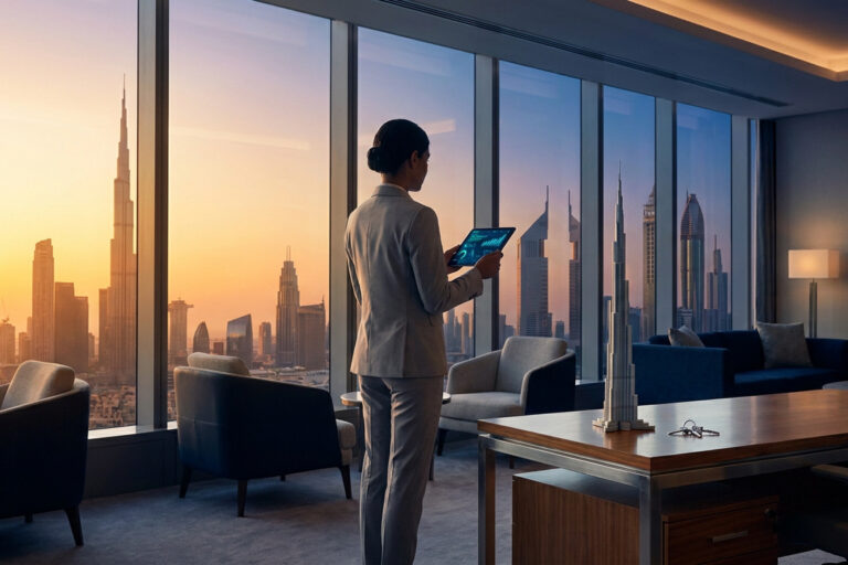 Une femme d'affaires dans un bureau à Dubaï avec vue sur le Burj Khalifa, tenant une tablette numérique.
