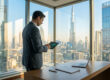 Un homme d'affaires en costume utilisant une tablette avec un graphique financier devant les gratte-ciel de Dubaï.