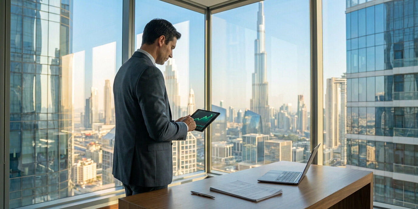Financement PME : Opportunités à Dubaï Un homme d'affaires en costume utilisant une tablette avec un graphique financier devant les gratte-ciel de Dubaï.