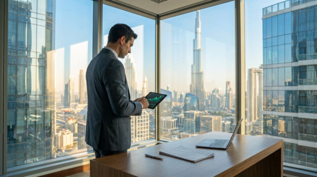 Un homme d'affaires en costume utilisant une tablette avec un graphique financier devant les gratte-ciel de Dubaï.