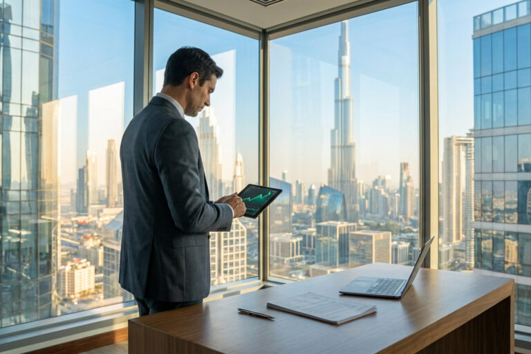 Un homme d'affaires en costume utilisant une tablette avec un graphique financier devant les gratte-ciel de Dubaï.