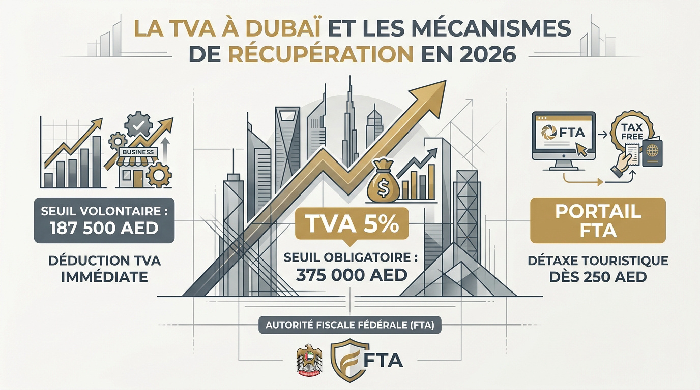 Infographie sur les seuils de TVA et les mécanismes de récupération à Dubaï en 2026