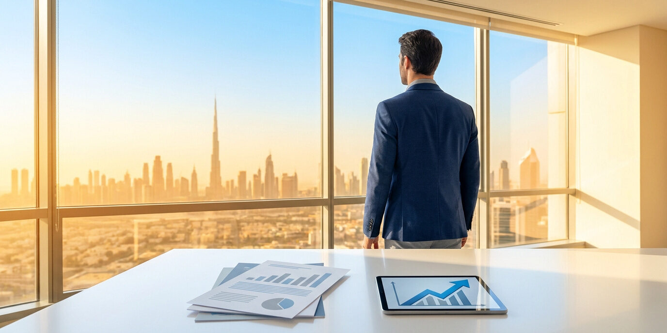 Gestion de patrimoine pour expatriés à Dubaï Un homme d'affaires regarde la skyline de Dubaï depuis un bureau avec des graphiques financiers sur la table.