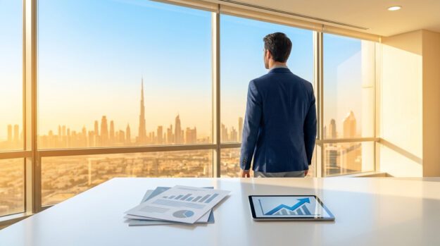 Un homme d'affaires regarde la skyline de Dubaï depuis un bureau avec des graphiques financiers sur la table.