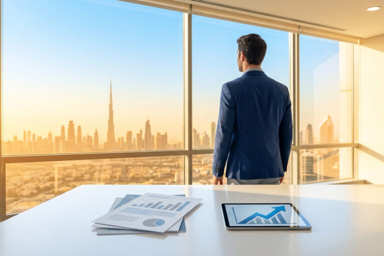 Un homme d'affaires regarde la skyline de Dubaï depuis un bureau avec des graphiques financiers sur la table.