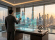 Un homme d'affaires dans un bureau à Dubaï interagissant avec une interface holographique montrant des données financières.