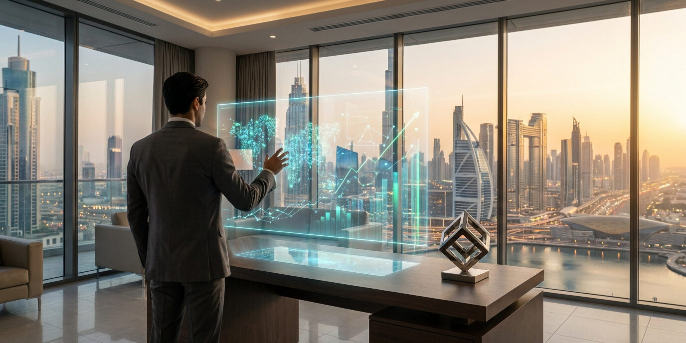 Gestion de patrimoine technologique aux Émirats Un homme d'affaires dans un bureau à Dubaï interagissant avec une interface holographique montrant des données financières.