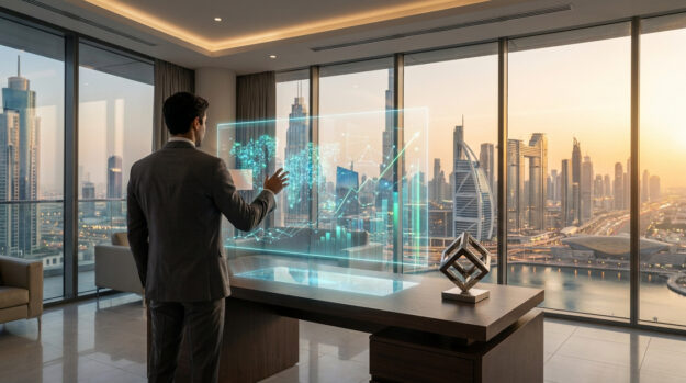 Un homme d'affaires dans un bureau à Dubaï interagissant avec une interface holographique montrant des données financières.