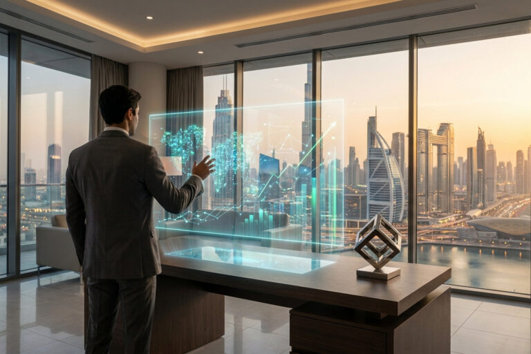 Un homme d'affaires dans un bureau à Dubaï interagissant avec une interface holographique montrant des données financières.