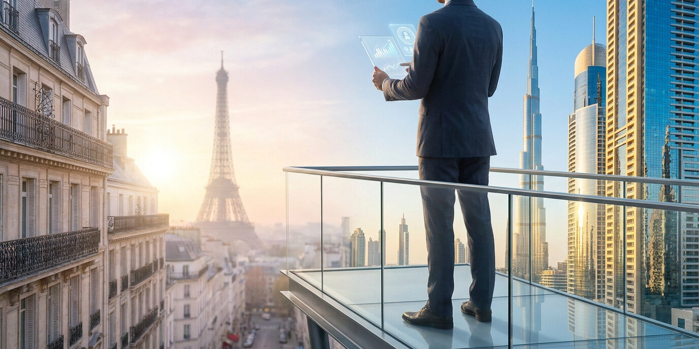 Un homme d'affaires sur un balcon surplombant Paris et Dubaï avec une tablette holographique.