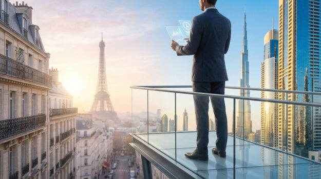 Un homme d'affaires sur un balcon surplombant Paris et Dubaï avec une tablette holographique.