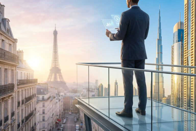 Un homme d'affaires sur un balcon surplombant Paris et Dubaï avec une tablette holographique.