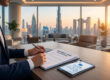 Un homme d'affaires signe un document d'enregistrement commercial avec la skyline de Dubaï en arrière-plan.