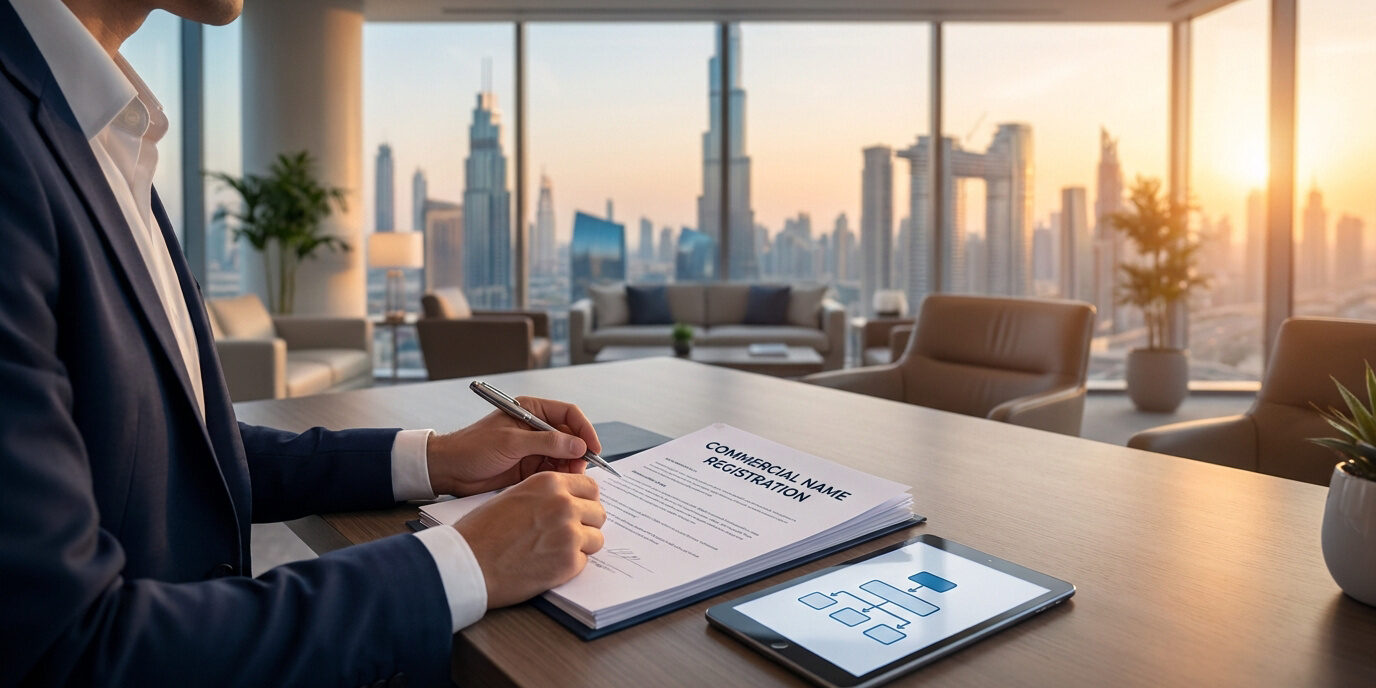 Enregistrement d’un nom commercial à Dubaï Un homme d'affaires signe un document d'enregistrement commercial avec la skyline de Dubaï en arrière-plan.