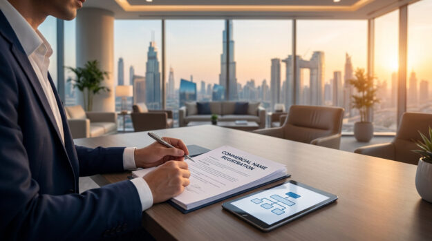 Un homme d'affaires signe un document d'enregistrement commercial avec la skyline de Dubaï en arrière-plan.