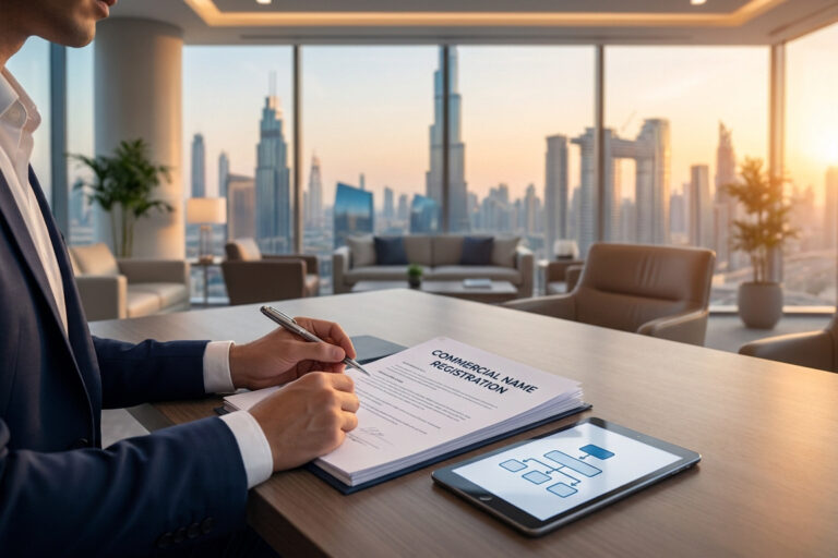 Un homme d'affaires signe un document d'enregistrement commercial avec la skyline de Dubaï en arrière-plan.
