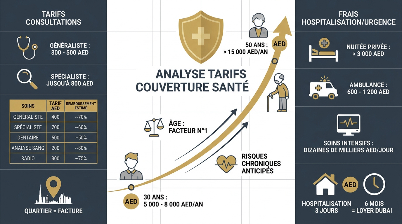 Graphique montrant l'évolution des tarifs d'assurance santé à Dubaï selon l'âge de l'expatrié
