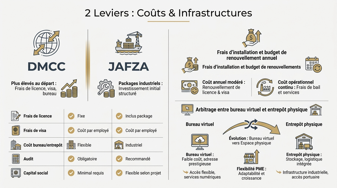 Comparaison des infrastructures et des coûts entre DMCC et JAFZA à Dubaï