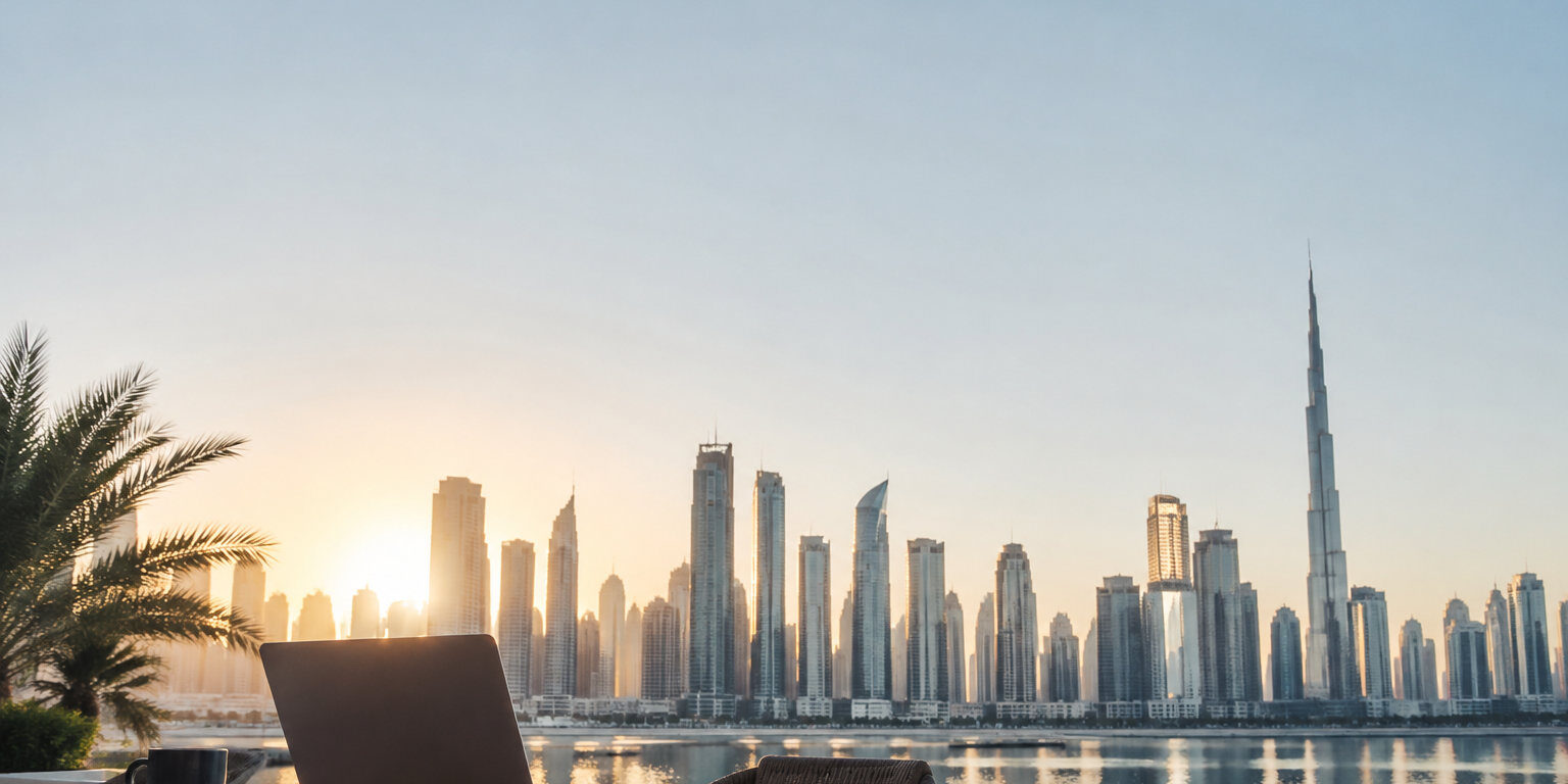 Assurance chômage : travailler à Dubaï Un ordinateur portable sur une table face au panorama urbain de Dubaï au lever du soleil.