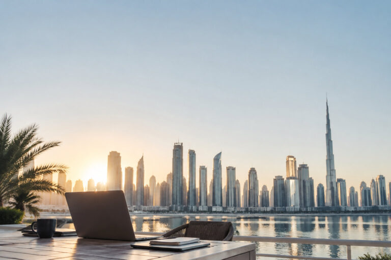 Un ordinateur portable sur une table face au panorama urbain de Dubaï au lever du soleil.