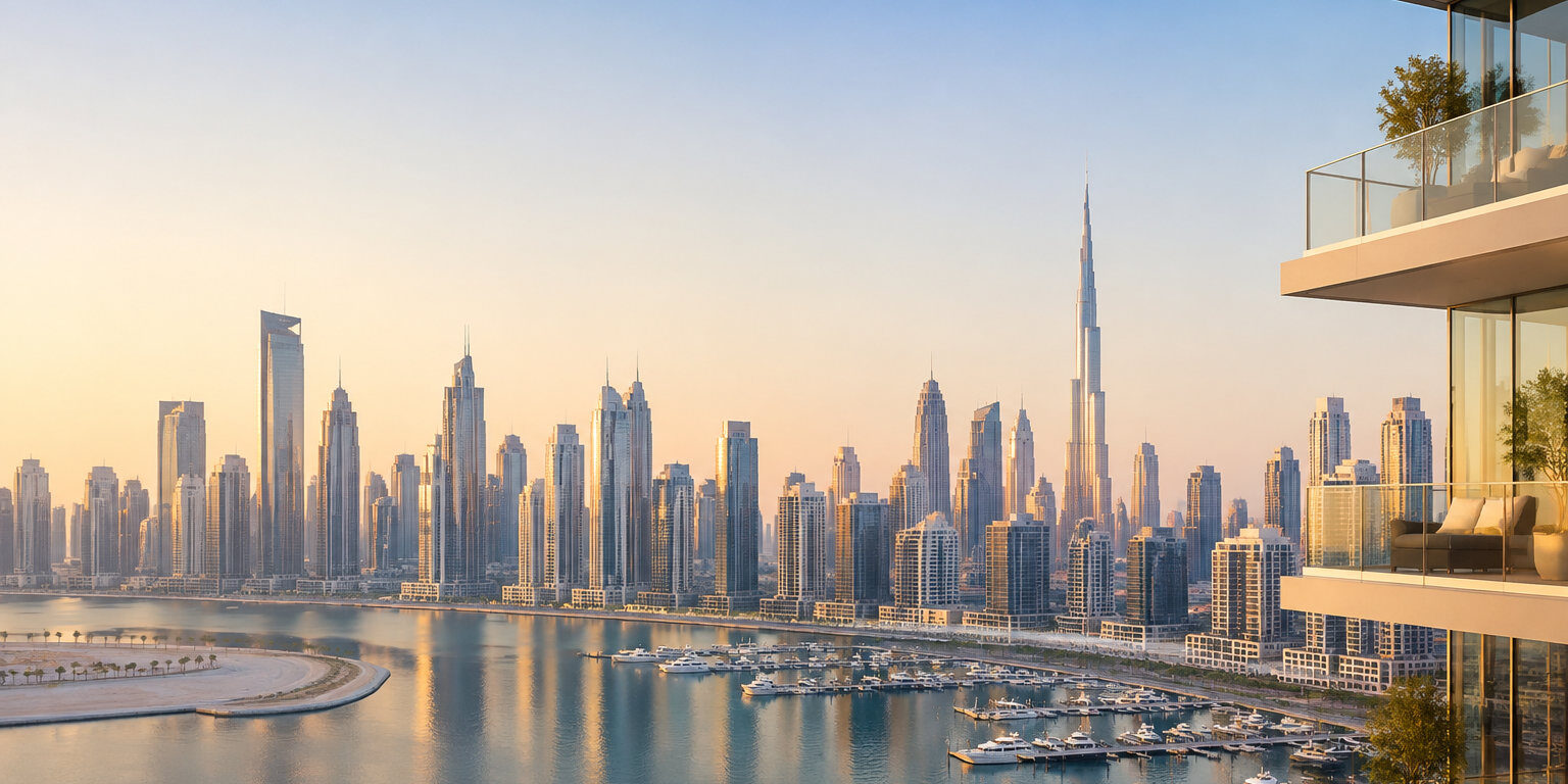 Skyline de Dubaï au coucher du soleil Vue panoramique sur les gratte-ciel de Dubaï et le port de plaisance au crépuscule depuis un balcon moderne.