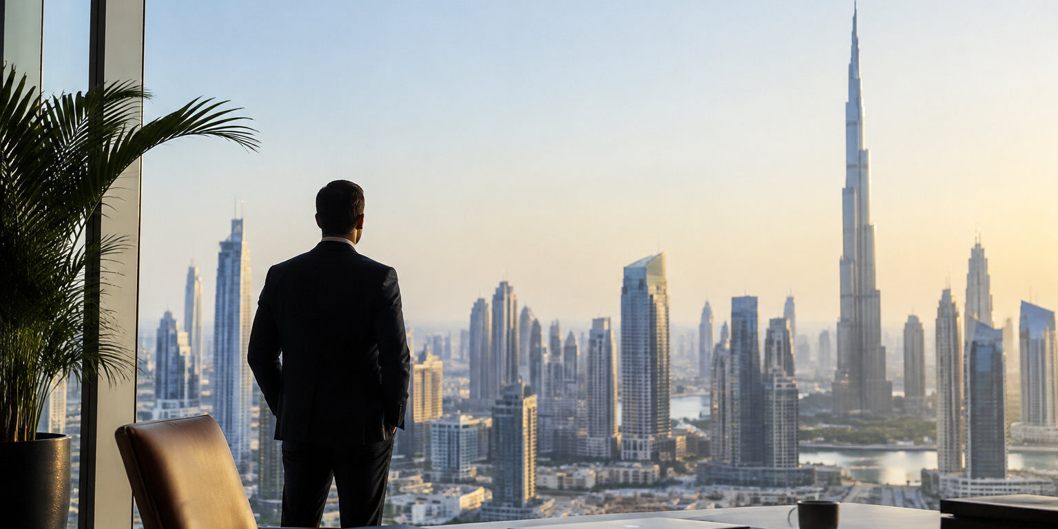 Mandataire social : diriger depuis Dubaï Un homme d'affaires en costume regarde la skyline de Dubaï et le Burj Khalifa depuis un bureau panoramique.