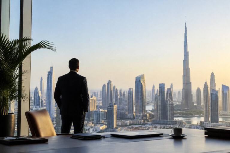 Un homme d'affaires en costume regarde la skyline de Dubaï et le Burj Khalifa depuis un bureau panoramique.